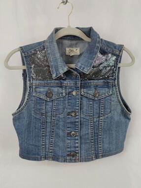 Chi QLe Denim Architect Girls' Jean Vest Pewter Metal Mesh, Sz L
